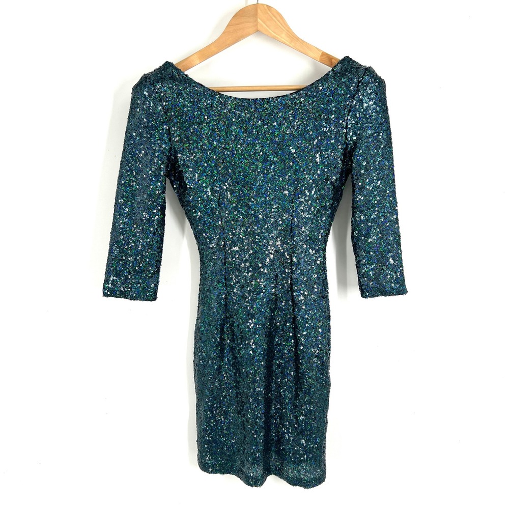 Lulus Women XS Teal Iridescent Sequin Bodycon Mini Dress 3/4 Sleeve D-0156A